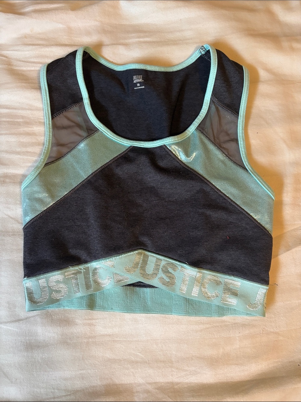 Justice Black and Mint/ light teal Metallic Athletic Crop Top/ sports bra